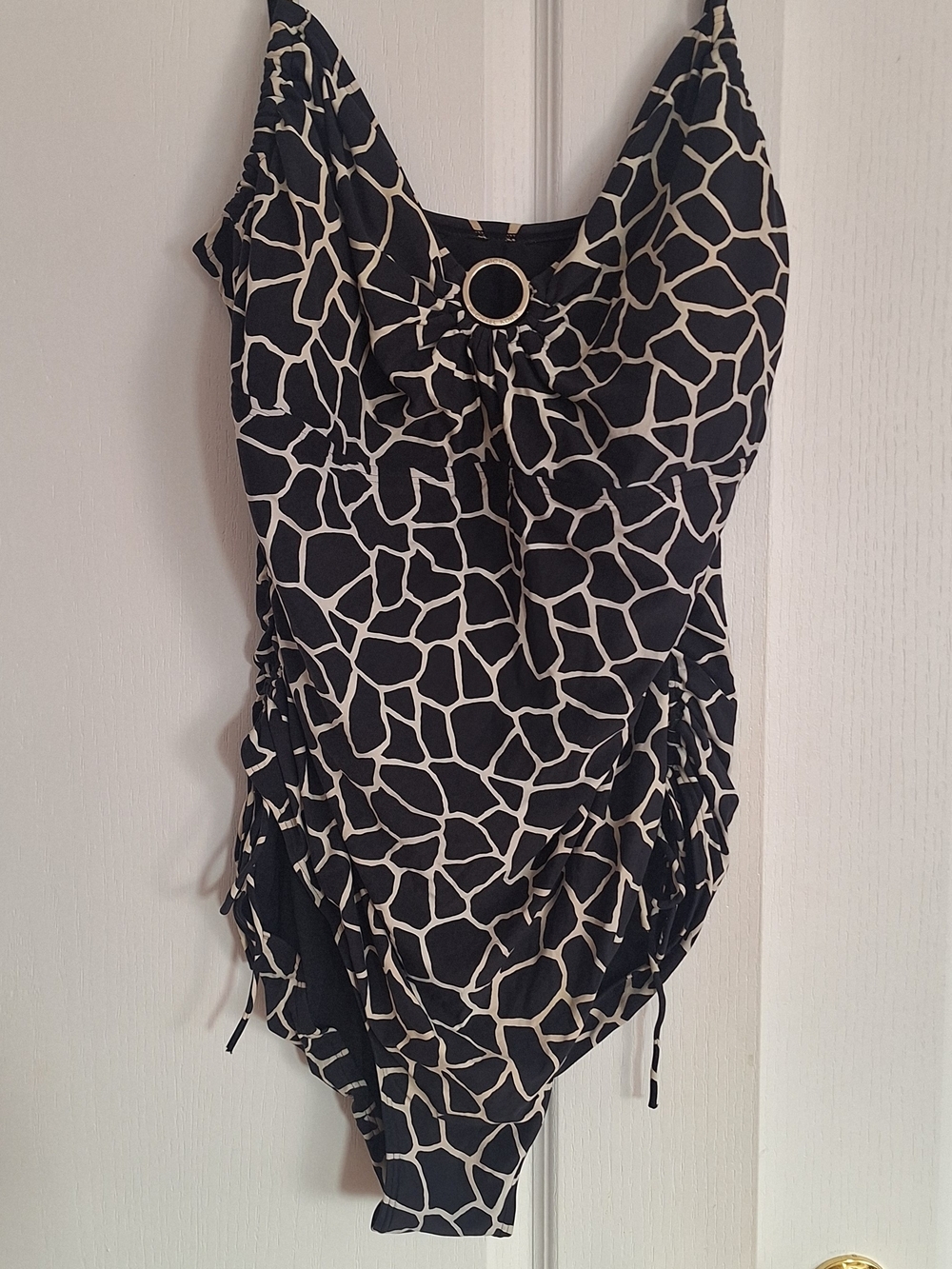 Michael Kors Black and Cream Geometric One-Piece Swimsuit with Ring Detail